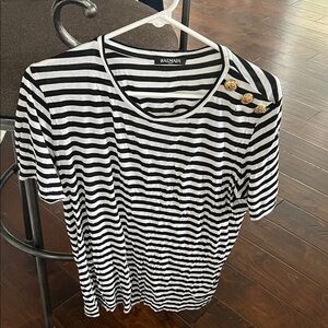 Balmain Black and White Striped Short Sleeve Top with Gold Buttons *DAMAGED*
